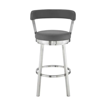 Armen Living - Kobe 26in Counter Height Swivel Bar Stool in Brushed Stainless Steel Finish and Gray Faux Leather - 721535761807 veiw 2
