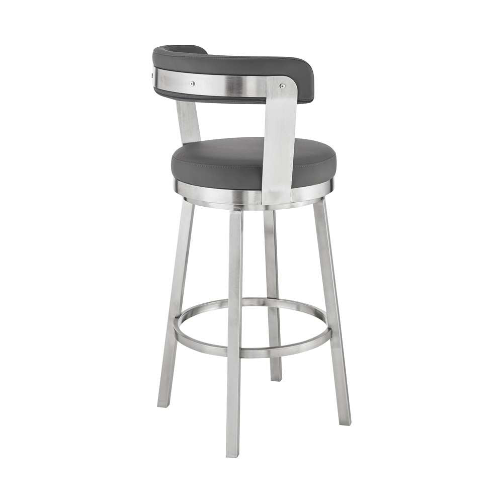Armen Living - Kobe 26in Counter Height Swivel Bar Stool in Brushed Stainless Steel Finish and Gray Faux Leather - 721535761807 veiw 4