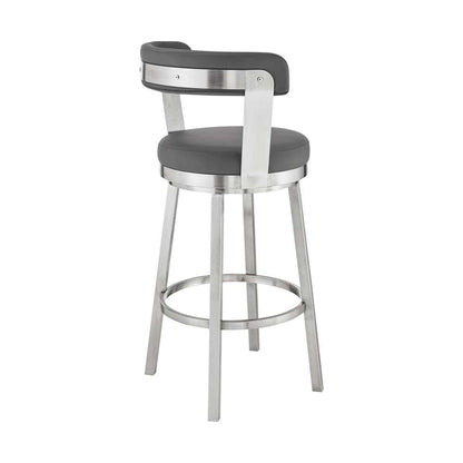 Armen Living - Kobe 26in Counter Height Swivel Bar Stool in Brushed Stainless Steel Finish and Gray Faux Leather - 721535761807 veiw 4