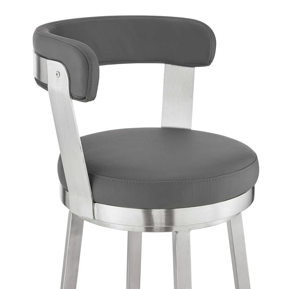 Armen Living - Kobe 26in Counter Height Swivel Bar Stool in Brushed Stainless Steel Finish and Gray Faux Leather - 721535761807 veiw 6