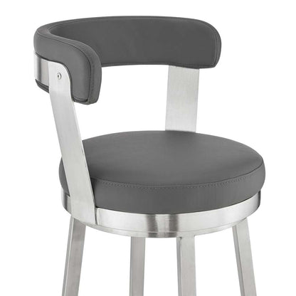 Armen Living - Kobe 26in Counter Height Swivel Bar Stool in Brushed Stainless Steel Finish and Gray Faux Leather - 721535761807 veiw 6
