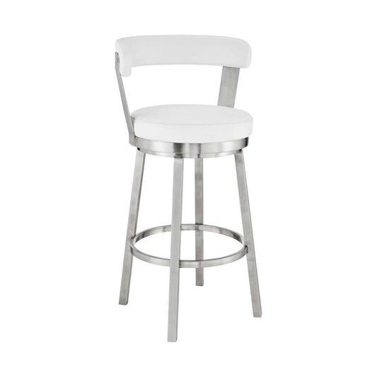 Armen Living - Kobe 26in Counter Height Swivel Bar Stool in Brushed Stainless Steel Finish and White Faux Leather - 721535761821 veiw 1