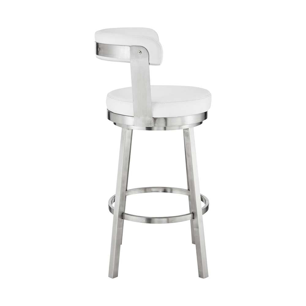 Armen Living - Kobe 26in Counter Height Swivel Bar Stool in Brushed Stainless Steel Finish and White Faux Leather - 721535761821 veiw 3
