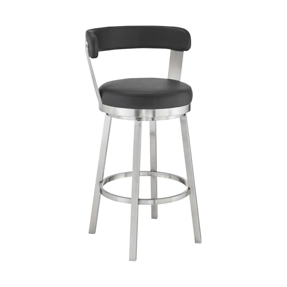 Armen Living - Kobe 30in Bar Height Swivel Bar Stool in Brushed Stainless Steel Finish and Black Faux Leather - 721535761791 veiw 1