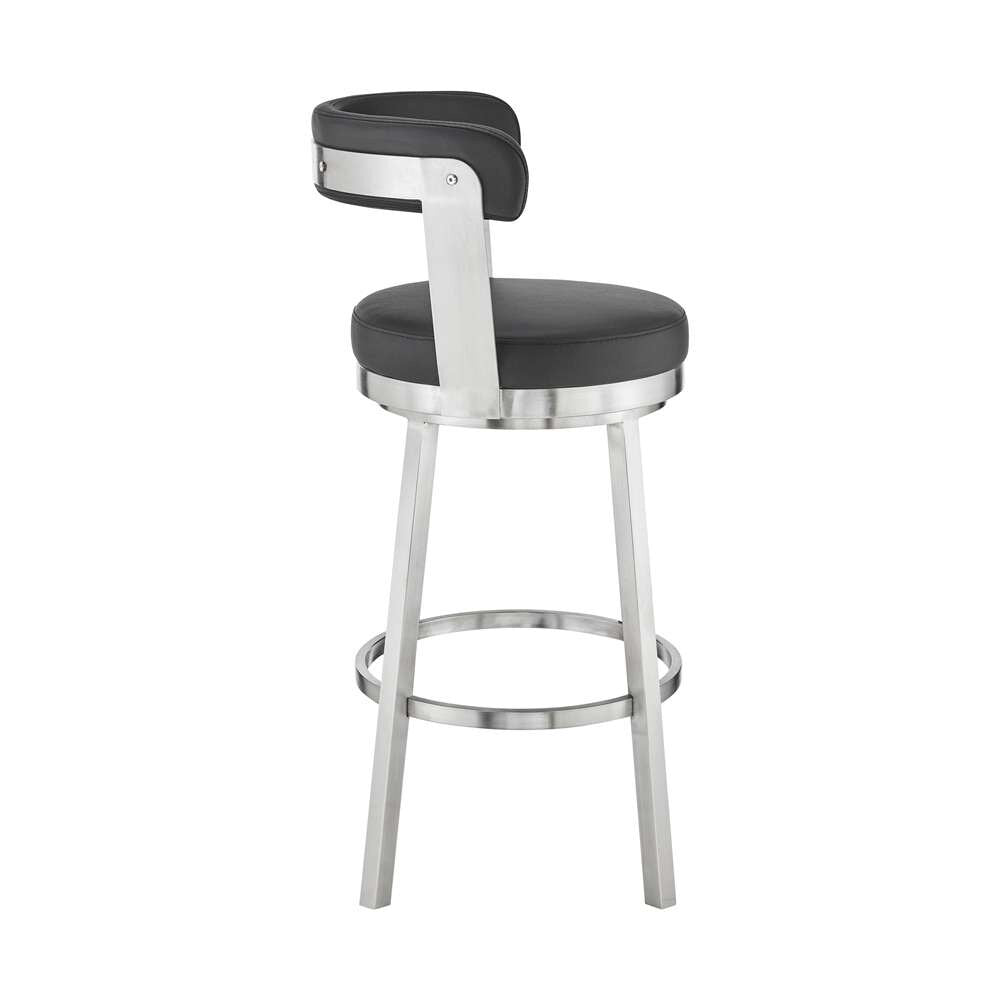 Armen Living - Kobe 30in Bar Height Swivel Bar Stool in Brushed Stainless Steel Finish and Black Faux Leather - 721535761791 veiw 3