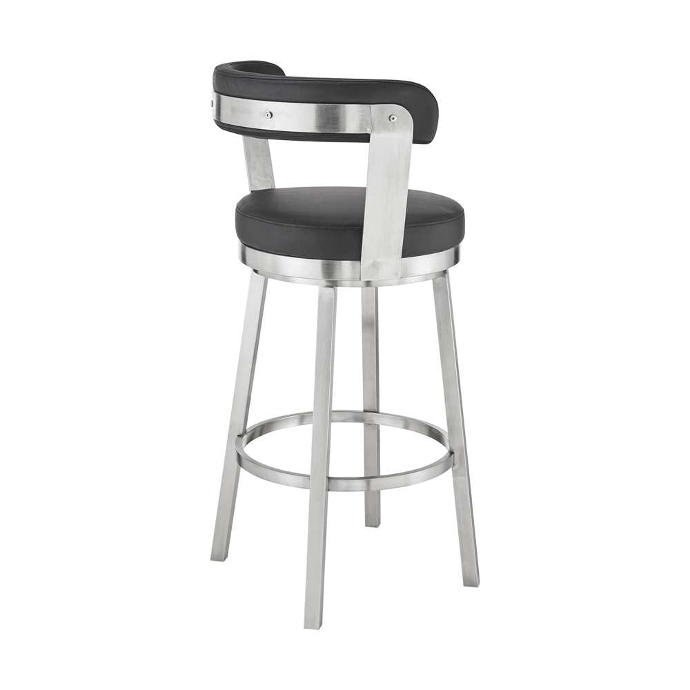 Armen Living - Kobe 30in Bar Height Swivel Bar Stool in Brushed Stainless Steel Finish and Black Faux Leather - 721535761791 veiw 4