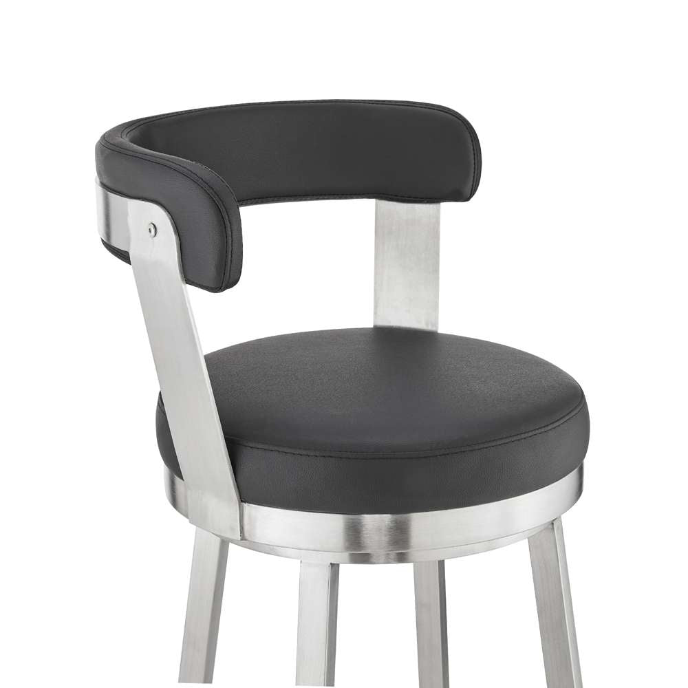 Armen Living - Kobe 30in Bar Height Swivel Bar Stool in Brushed Stainless Steel Finish and Black Faux Leather - 721535761791 veiw 6