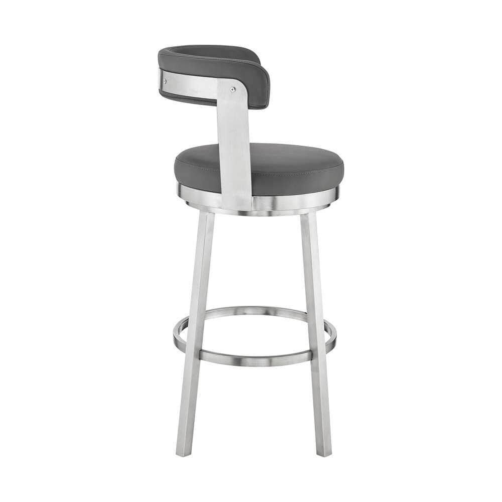Armen Living - Kobe 30in Bar Height Swivel Bar Stool in Brushed Stainless Steel Finish and Gray Faux Leather - 721535761814 veiw 3