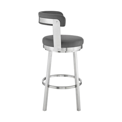 Armen Living - Kobe 30in Bar Height Swivel Bar Stool in Brushed Stainless Steel Finish and Gray Faux Leather - 721535761814 veiw 3