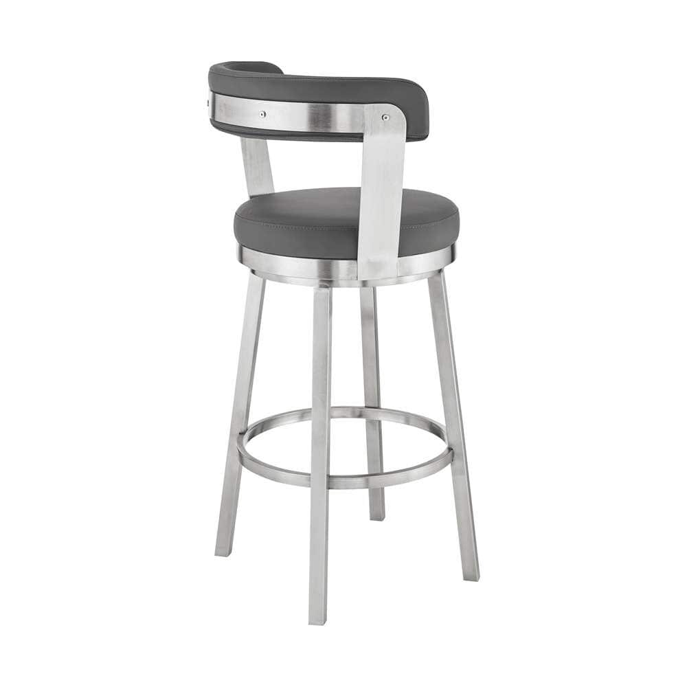 Armen Living - Kobe 30in Bar Height Swivel Bar Stool in Brushed Stainless Steel Finish and Gray Faux Leather - 721535761814 veiw 4