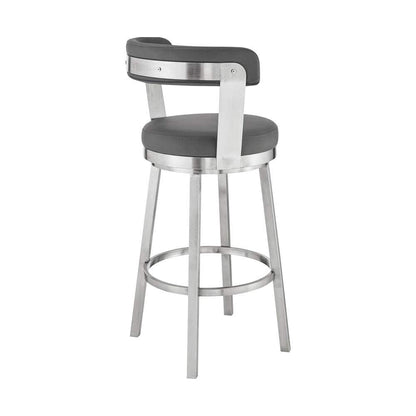Armen Living - Kobe 30in Bar Height Swivel Bar Stool in Brushed Stainless Steel Finish and Gray Faux Leather - 721535761814 veiw 4