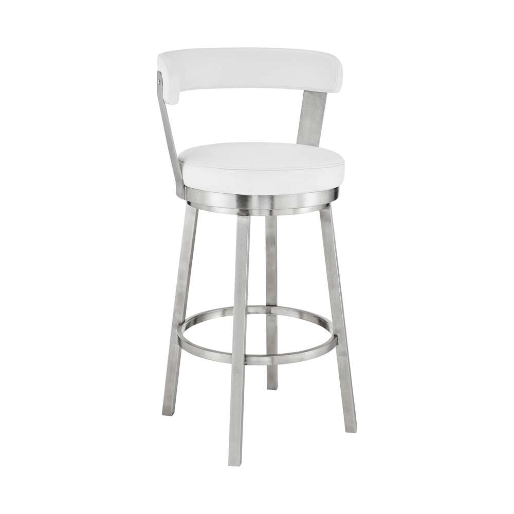 Armen Living - Kobe 30in Bar Height Swivel Bar Stool in Brushed Stainless Steel Finish and White Faux Leather - 721535761838 veiw 1