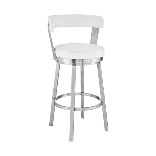 Armen Living - Kobe 30in Bar Height Swivel Bar Stool in Brushed Stainless Steel Finish and White Faux Leather - 721535761838 veiw 1