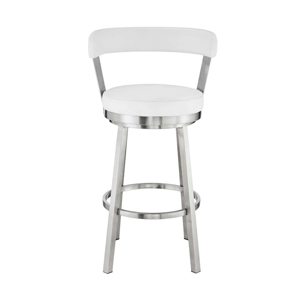Armen Living - Kobe 30in Bar Height Swivel Bar Stool in Brushed Stainless Steel Finish and White Faux Leather - 721535761838 veiw 2