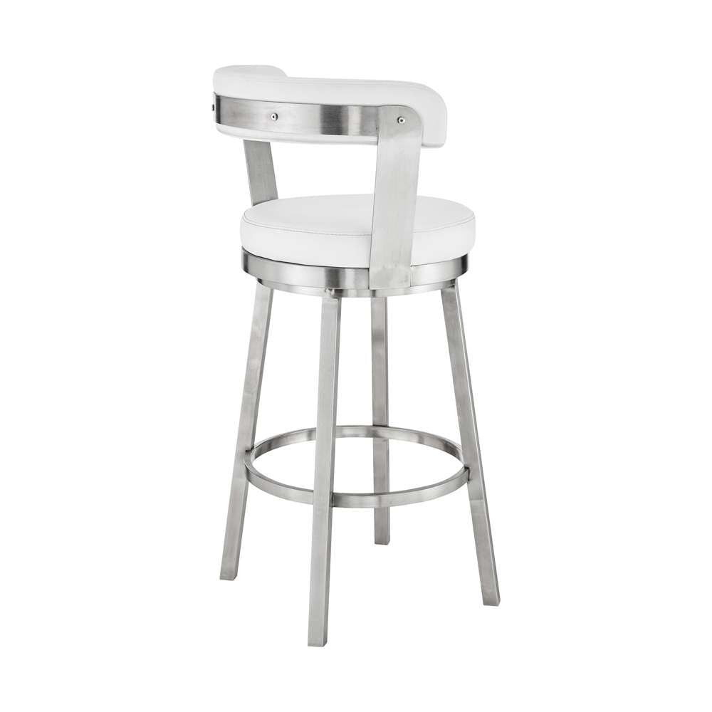 Armen Living - Kobe 30in Bar Height Swivel Bar Stool in Brushed Stainless Steel Finish and White Faux Leather - 721535761838 veiw 4