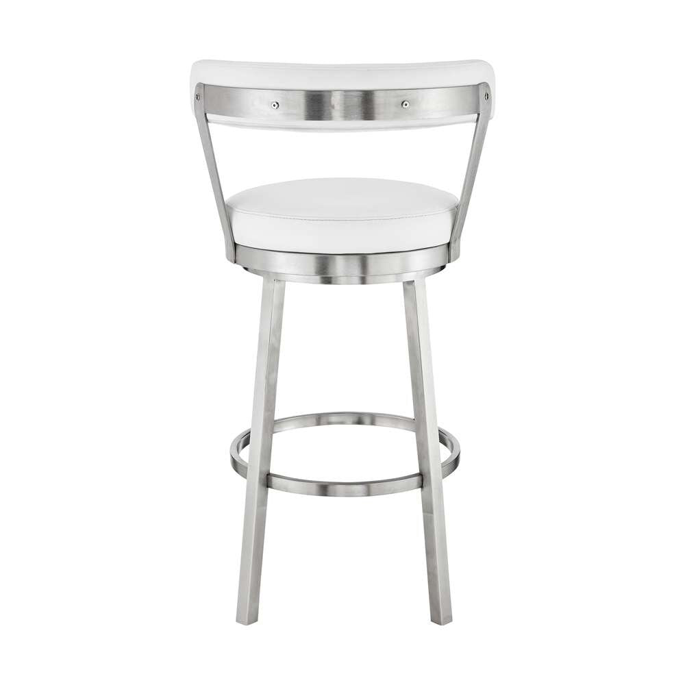 Armen Living - Kobe 30in Bar Height Swivel Bar Stool in Brushed Stainless Steel Finish and White Faux Leather - 721535761838 veiw 5