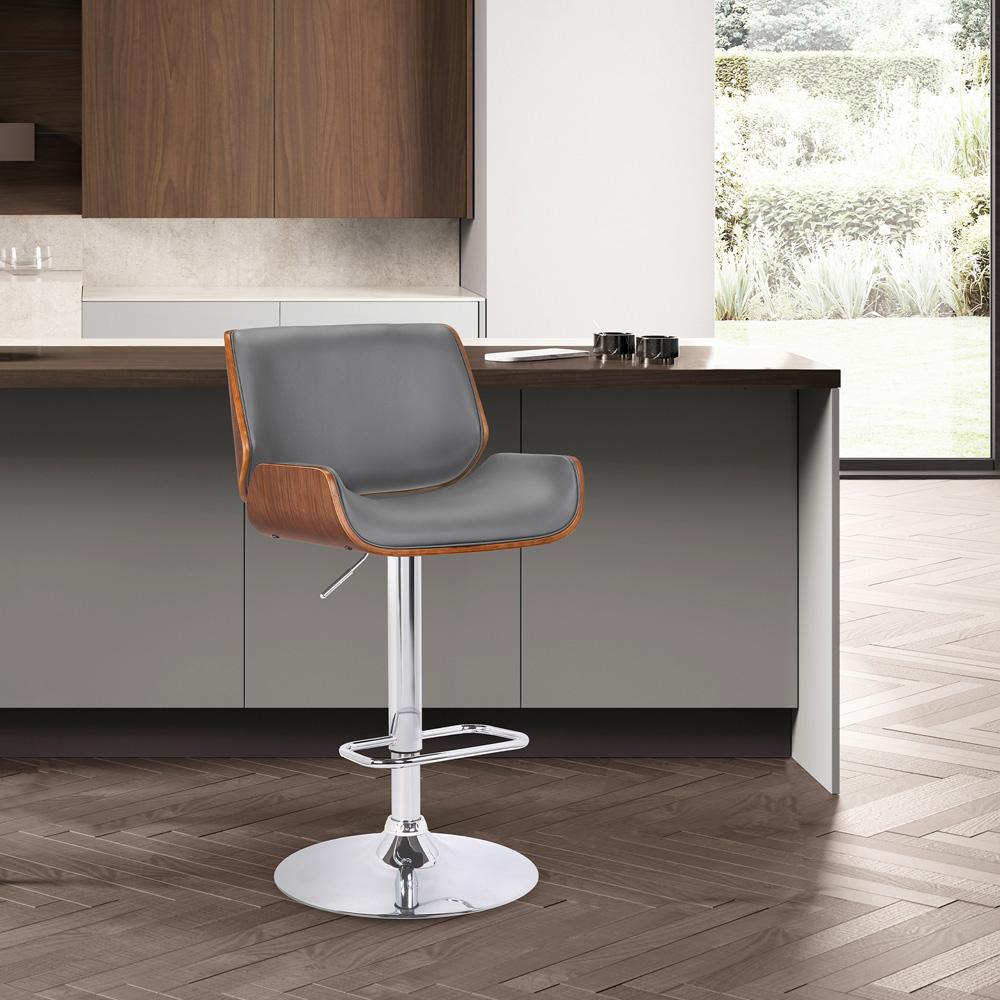 Armen Living - London Grey Faux Leather Adjustable Height Swivel Walnut Wood and Chrome Bar Stool - LCLOSWBAGRWA veiw 6