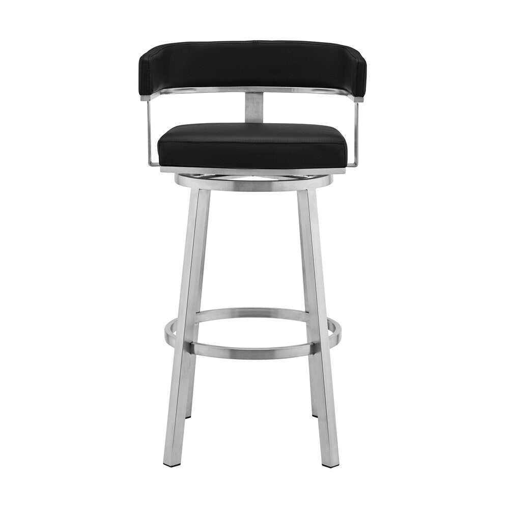 Armen Living - Lorin 26in Black Faux Leather and Brushed Stainless Steel Swivel Bar Stool - LCLRBABSBL26 veiw 2