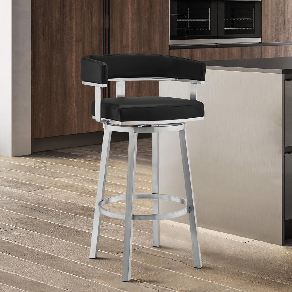 Armen Living - Lorin 26in Black Faux Leather and Brushed Stainless Steel Swivel Bar Stool - LCLRBABSBL26 veiw 7