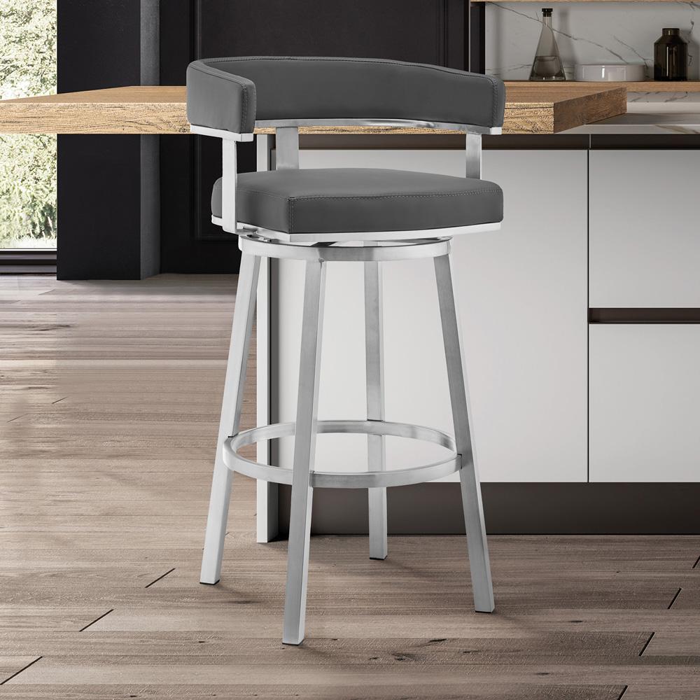 Armen Living - Lorin 26in Gray Faux Leather and Brushed Stainless Steel Swivel Bar Stool - LCLRBABSGR26 veiw 7