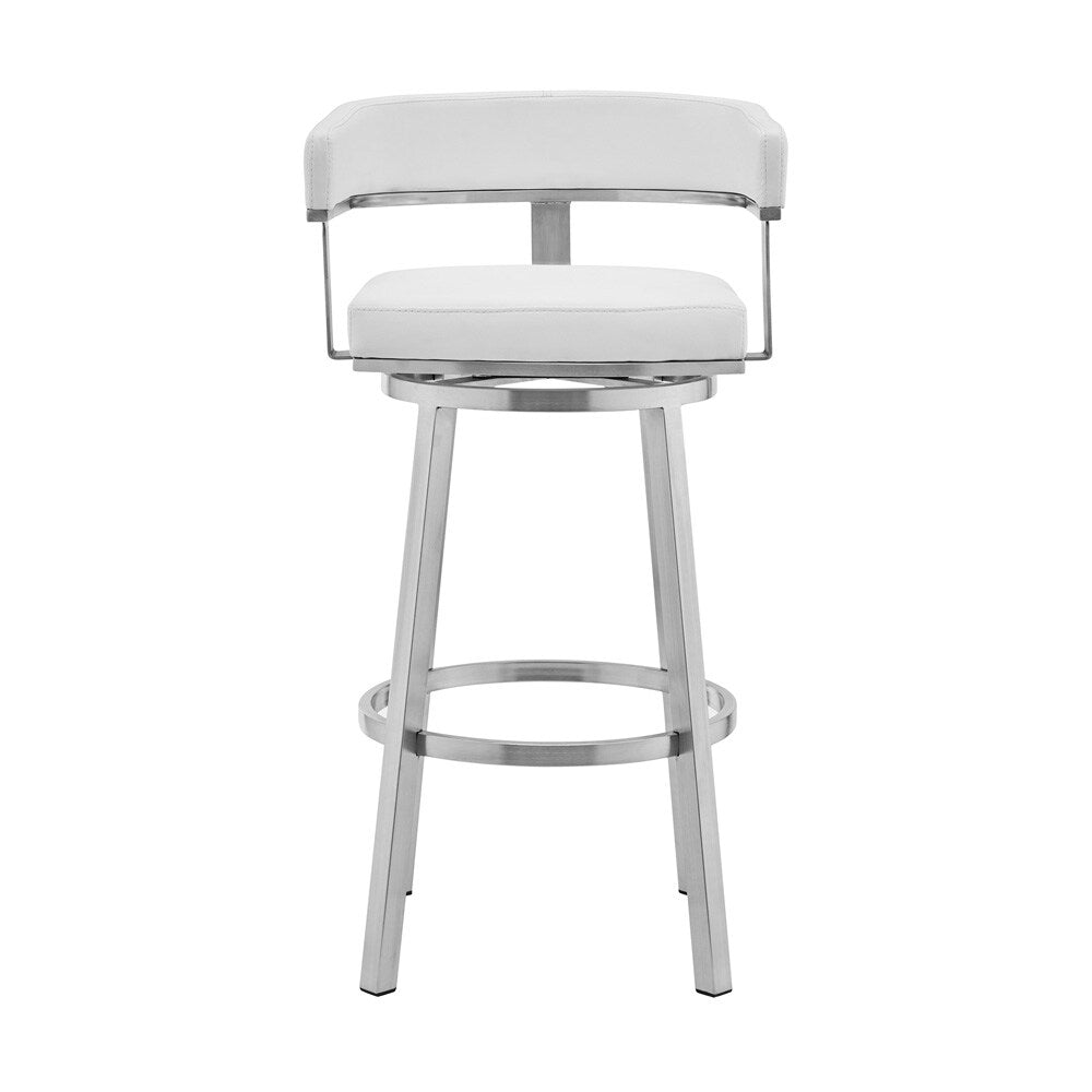 Armen Living Lorin 26in White Faux Leather and Brushed Stainless Steel Swivel Bar Stool - Thumbnail 2