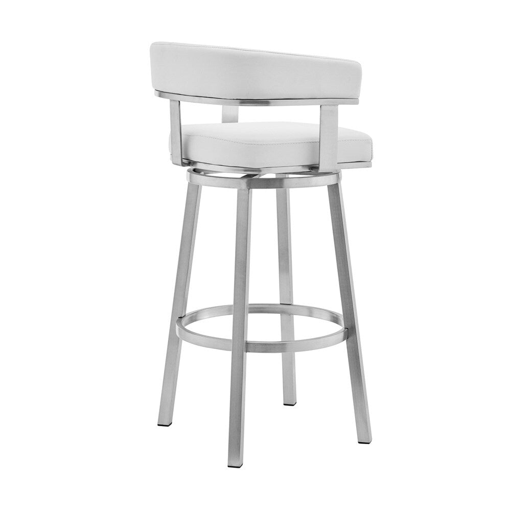 Armen Living Lorin 26in White Faux Leather and Brushed Stainless Steel Swivel Bar Stool - Thumbnail 3