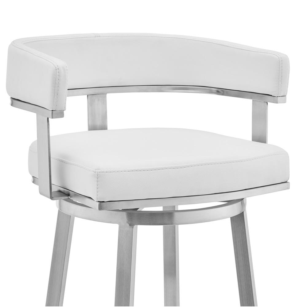 Armen Living Lorin 26in White Faux Leather and Brushed Stainless Steel Swivel Bar Stool
