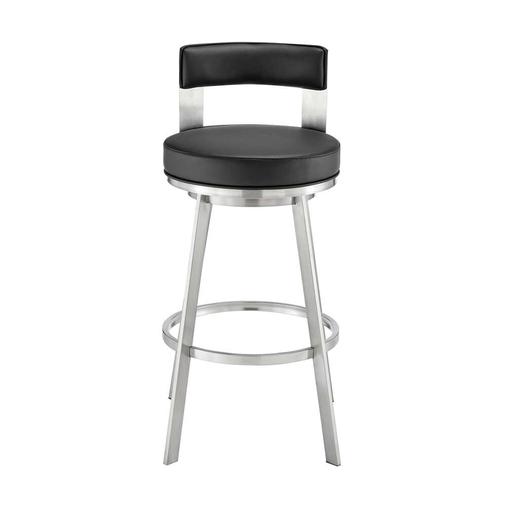Armen Living - Lynof Swivel Bar Stool in Brushed Stainless Steel with Black Faux Leather - 840254335516 veiw 2
