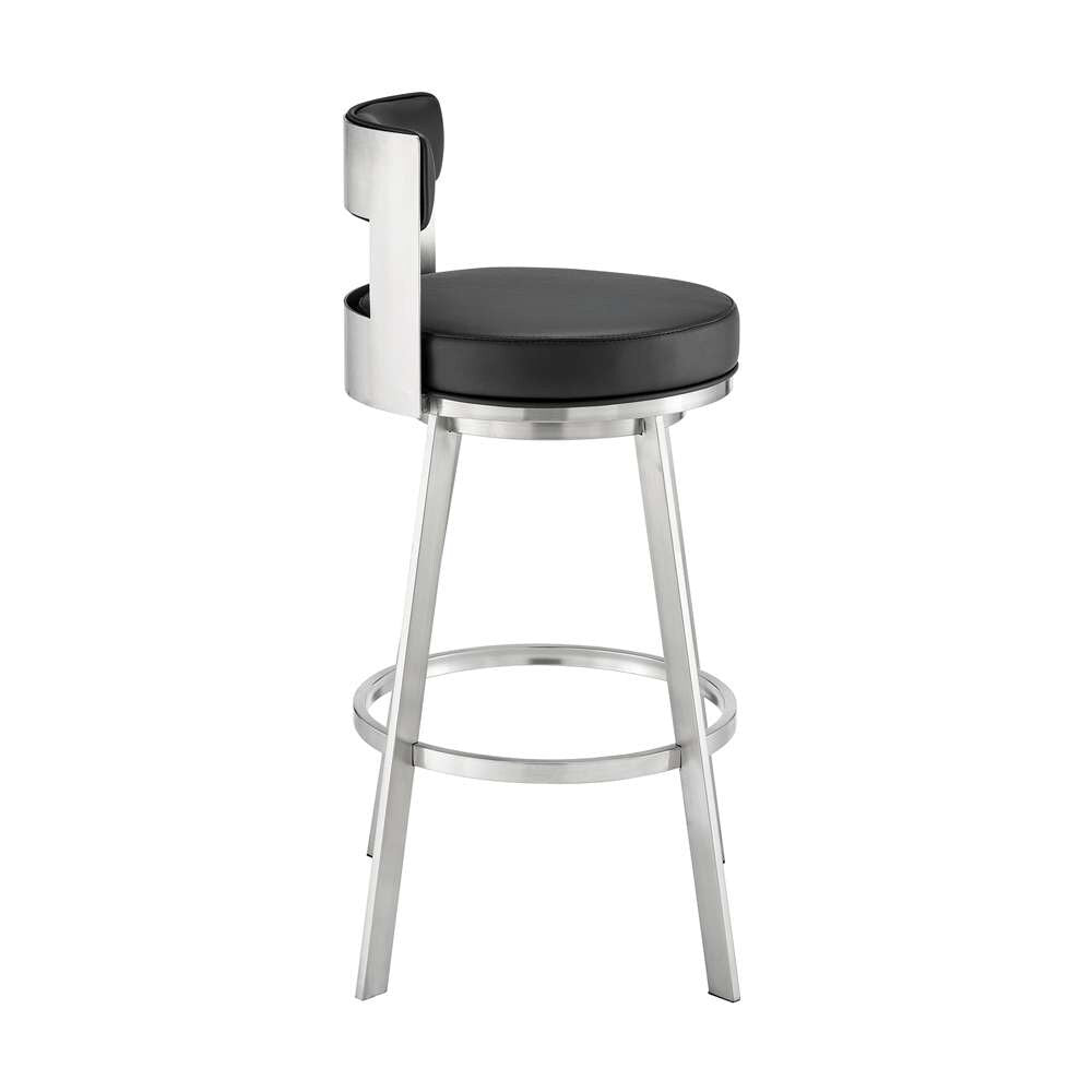 Armen Living - Lynof Swivel Bar Stool in Brushed Stainless Steel with Black Faux Leather - 840254335516 veiw 3