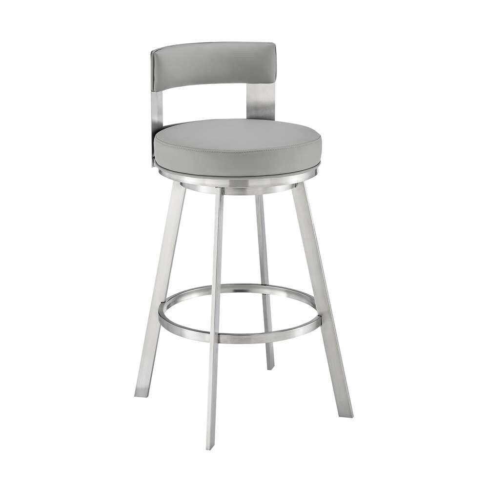 Armen Living - Lynof Swivel Bar Stool in Brushed Stainless Steel with Light Grey Faux Leather - 840254335523 veiw 1