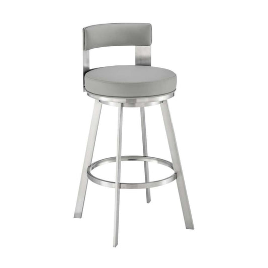 Armen Living - Lynof Swivel Bar Stool in Brushed Stainless Steel with Light Grey Faux Leather - 840254335523 veiw 1