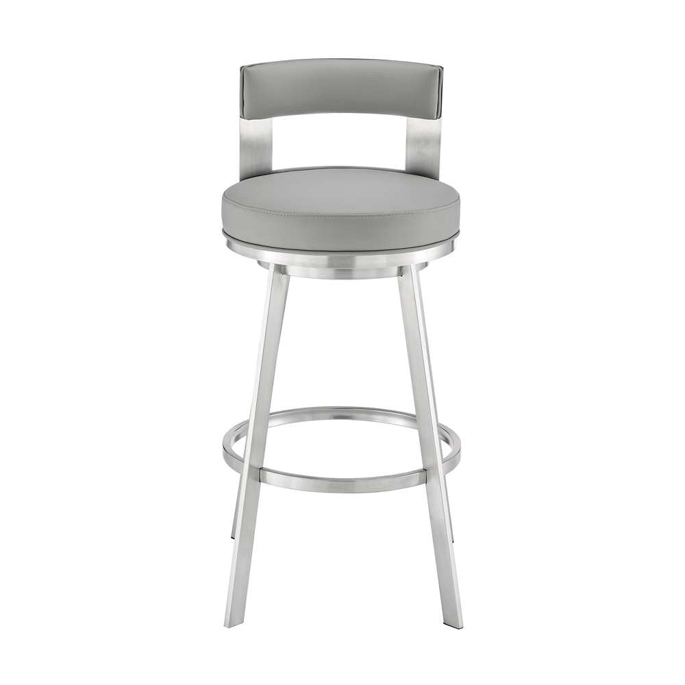 Armen Living - Lynof Swivel Bar Stool in Brushed Stainless Steel with Light Grey Faux Leather - 840254335523 veiw 2