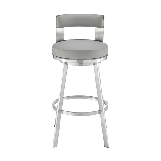 Armen Living - Lynof Swivel Bar Stool in Brushed Stainless Steel with Light Grey Faux Leather - 840254335523 veiw 2