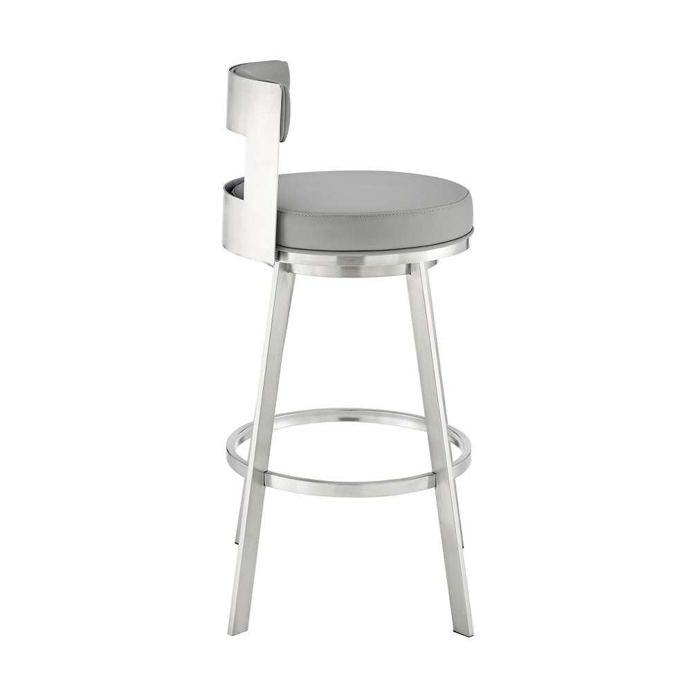Armen Living - Lynof Swivel Bar Stool in Brushed Stainless Steel with Light Grey Faux Leather - 840254335523 veiw 3
