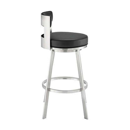Armen Living - Lynof Swivel Counter Stool in Brushed Stainless Steel with Black Faux Leather - 840254335455 veiw 3