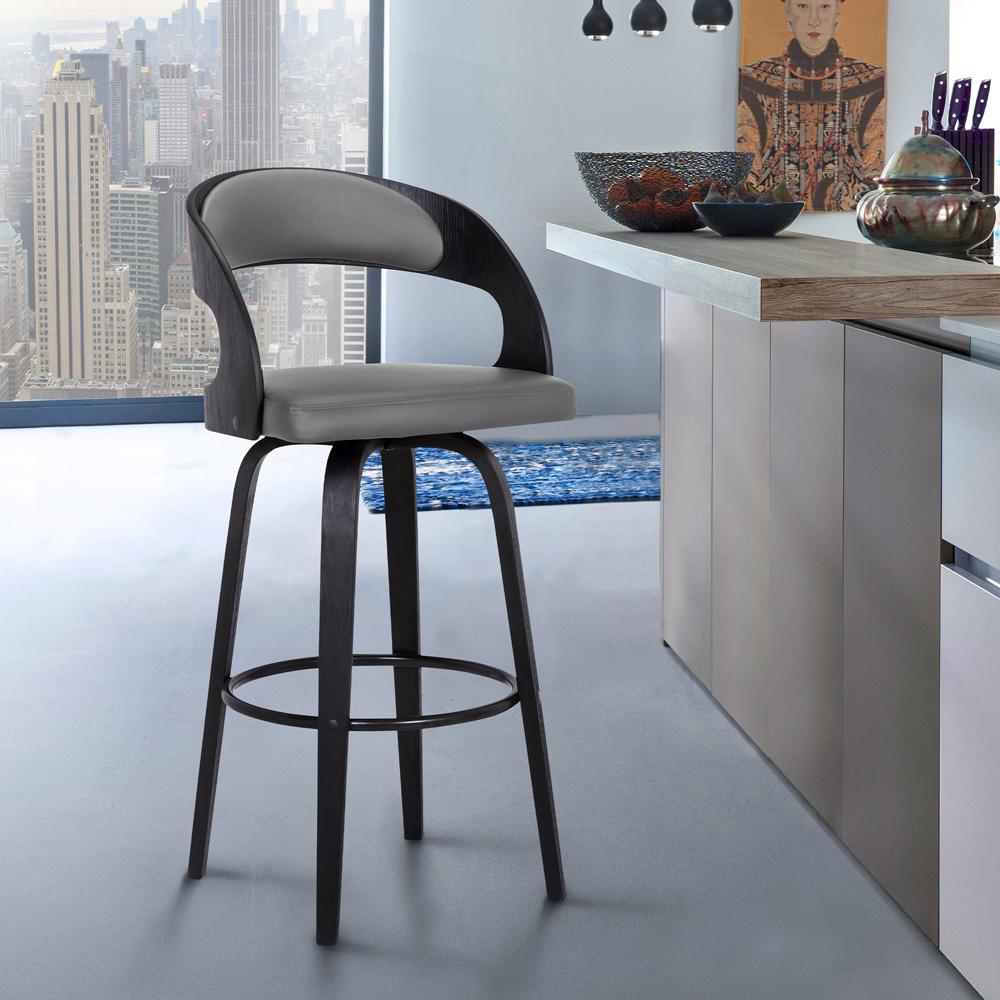 Armen Living - Shelly 30in Bar Height Swivel Grey Faux Leather and Black Wood Bar Stool - LCSHBAGRBL30 veiw 7