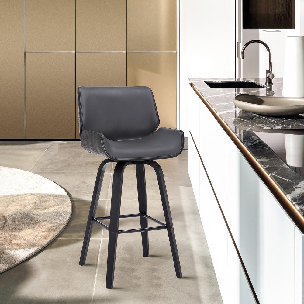 Armen Living - Tyler 30in Bar Height Swivel Grey Faux Leather and Black Wood Bar Stool - LCTYBAGRBL30 veiw 9