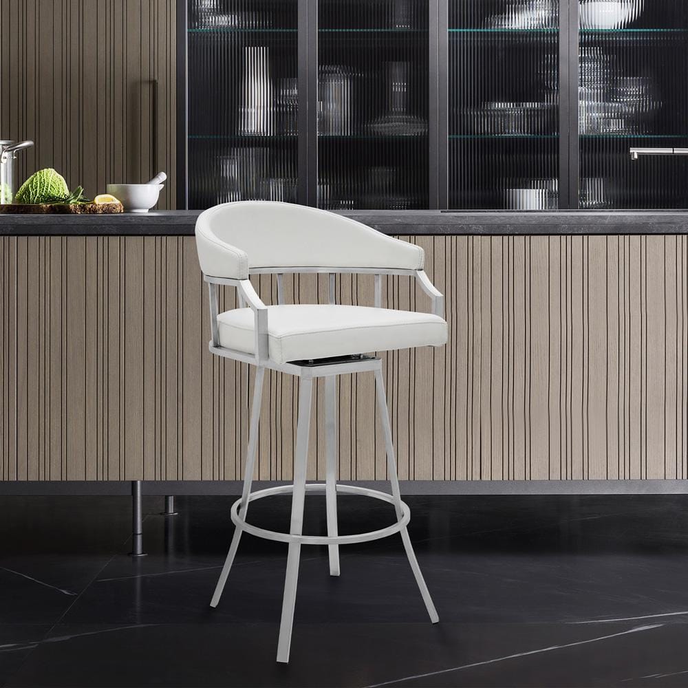 Armen Living - Valerie 30in Bar Height Swivel Modern White Faux Leather Bar and Counter Stool in Brushed Stainless Steel Finish - LCVLBABSWH30 veiw 7