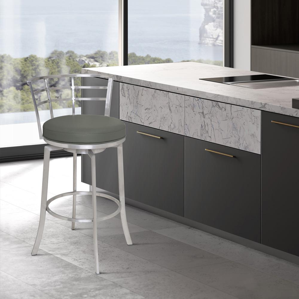 Armen Living - Viper 26in Counter Height Swivel Grey Faux Leather and Brushed Stainless Steel Bar Stool - LCVI26BAGR veiw 6