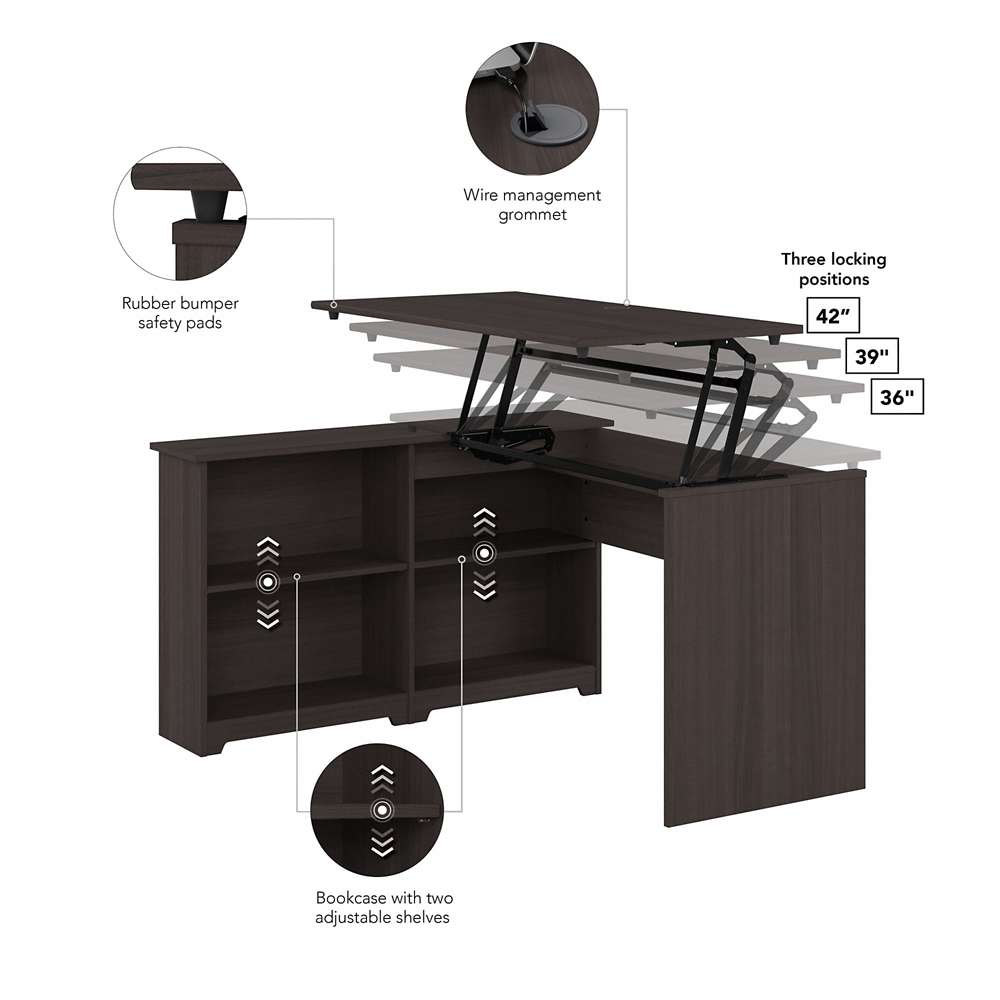 Bush Furniture - Cabot 52W Sit to Stand Bookcase Corner Desk in Heather Gray - WC31716 veiw 3