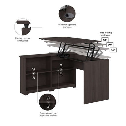 Bush Furniture - Cabot 52W Sit to Stand Bookcase Corner Desk in Heather Gray - WC31716 veiw 3