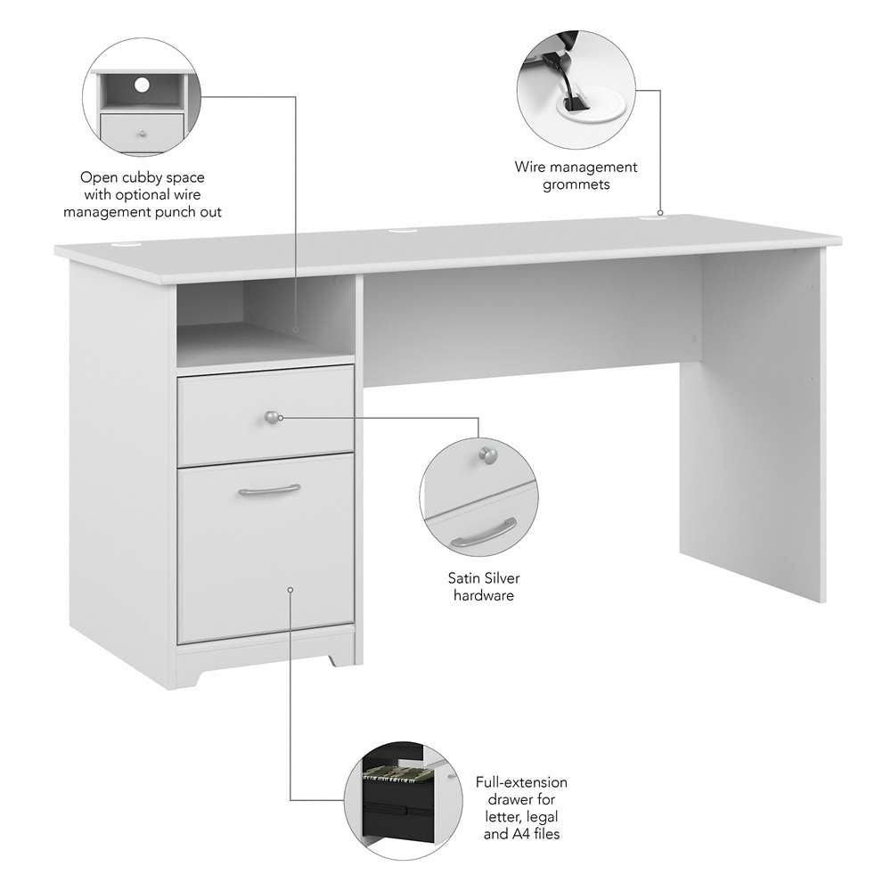 Bush Furniture - Cabot 60W Single Pedestal Desk in White - WC31960 veiw 3