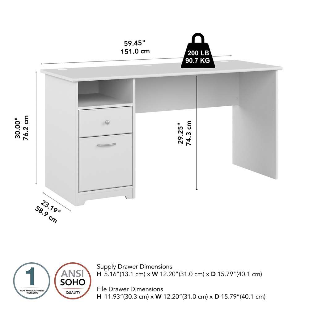 Bush Furniture - Cabot 60W Single Pedestal Desk in White - WC31960 veiw 5
