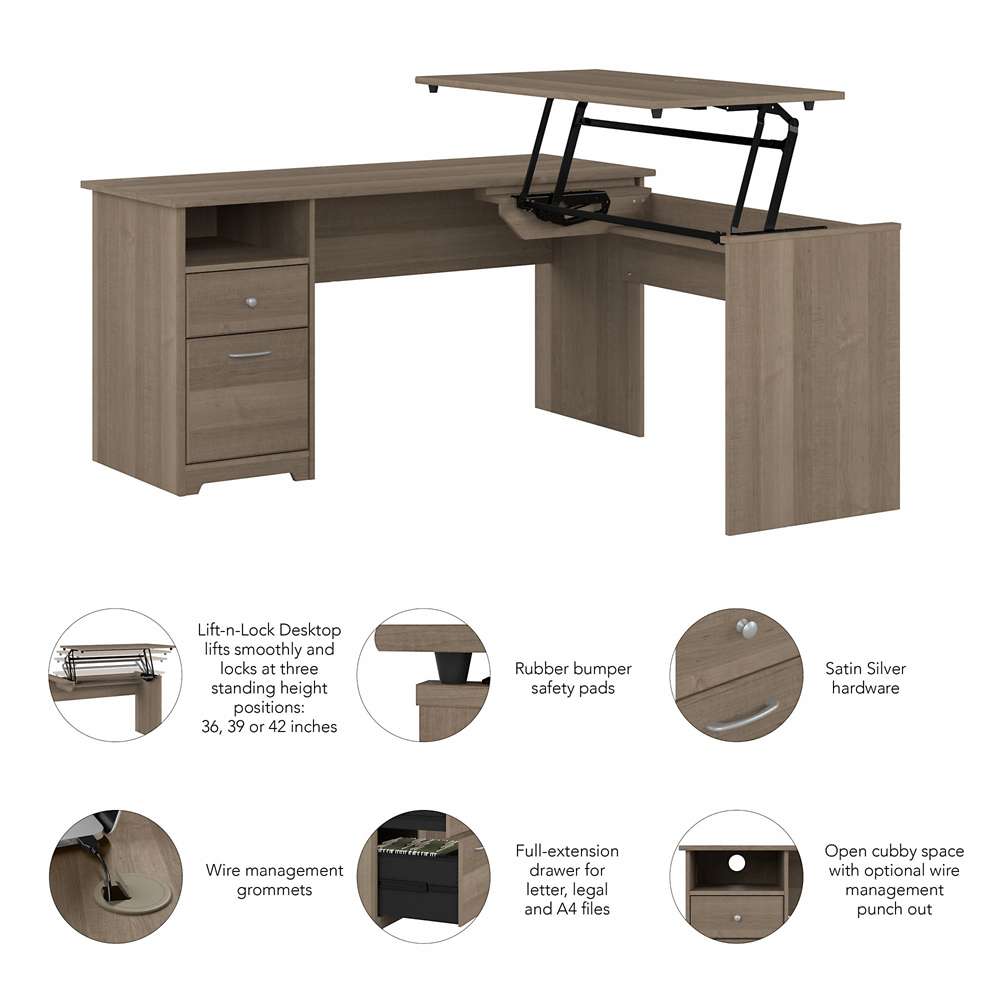 Bush Furniture - Cabot 60W Single Pedestal Desk w Sit to Stand Return in Ash Gray - CAB043AG veiw 3