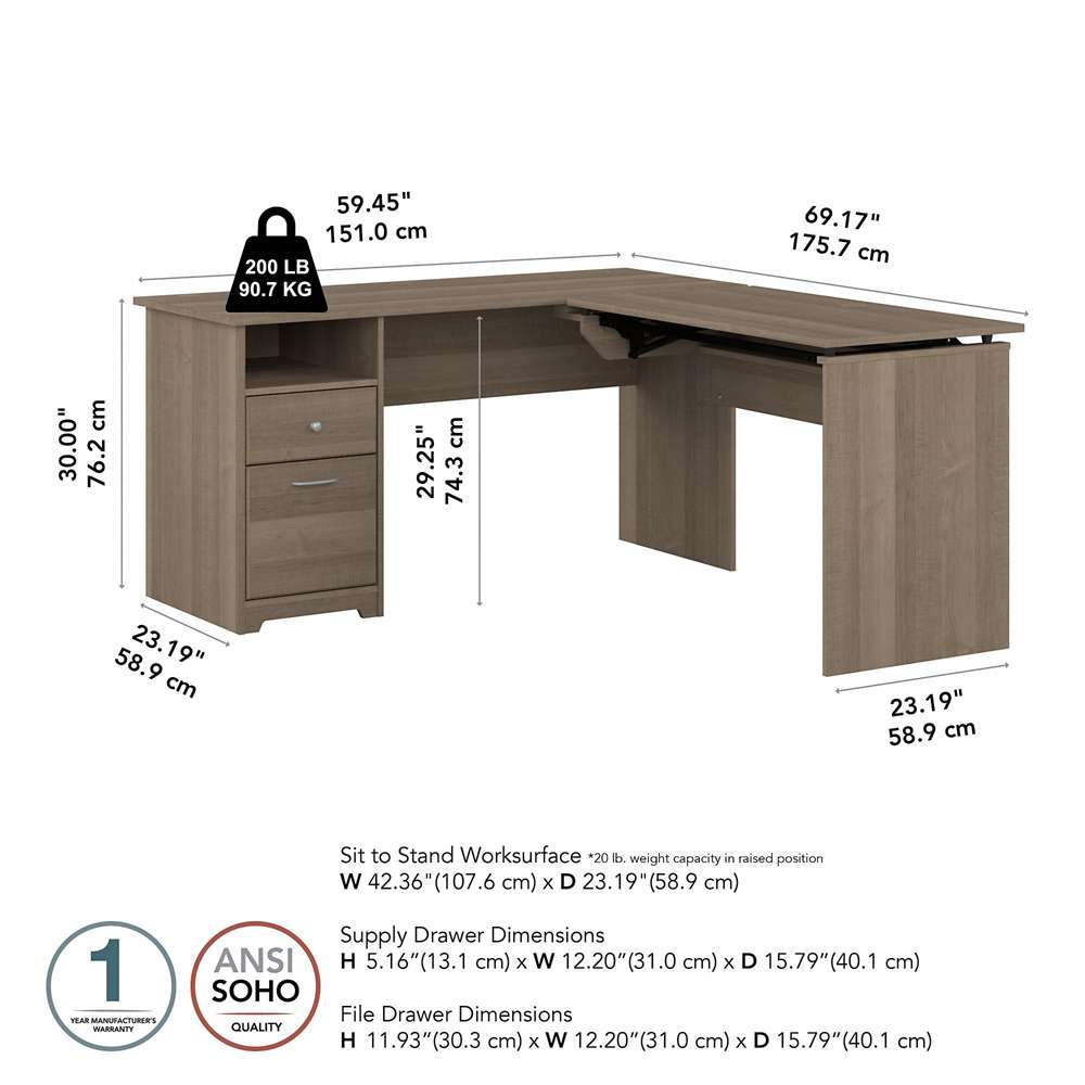 Bush Furniture - Cabot 60W Single Pedestal Desk w Sit to Stand Return in Ash Gray - CAB043AG veiw 5