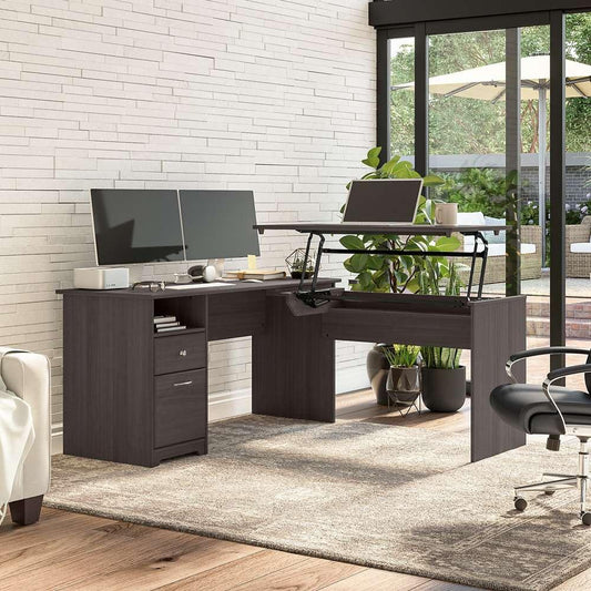 Bush Furniture - Cabot 60W Single Pedestal Desk w Sit to Stand Return in Heather Gray - CAB043HRG veiw 2