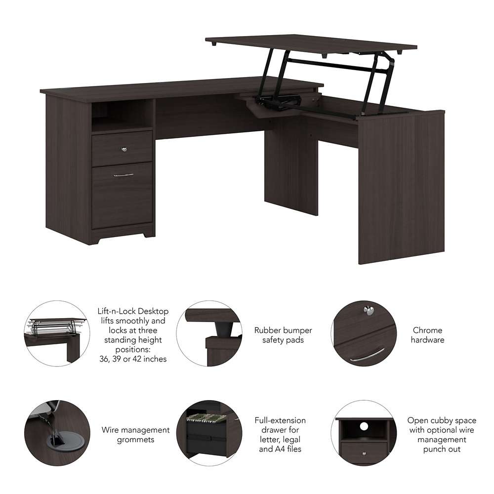 Bush Furniture - Cabot 60W Single Pedestal Desk w Sit to Stand Return in Heather Gray - CAB043HRG veiw 3