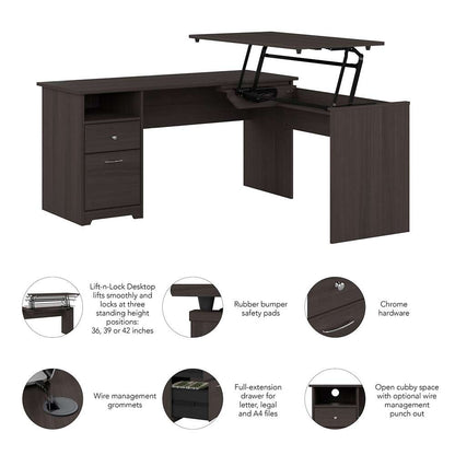 Bush Furniture - Cabot 60W Single Pedestal Desk w Sit to Stand Return in Heather Gray - CAB043HRG veiw 3