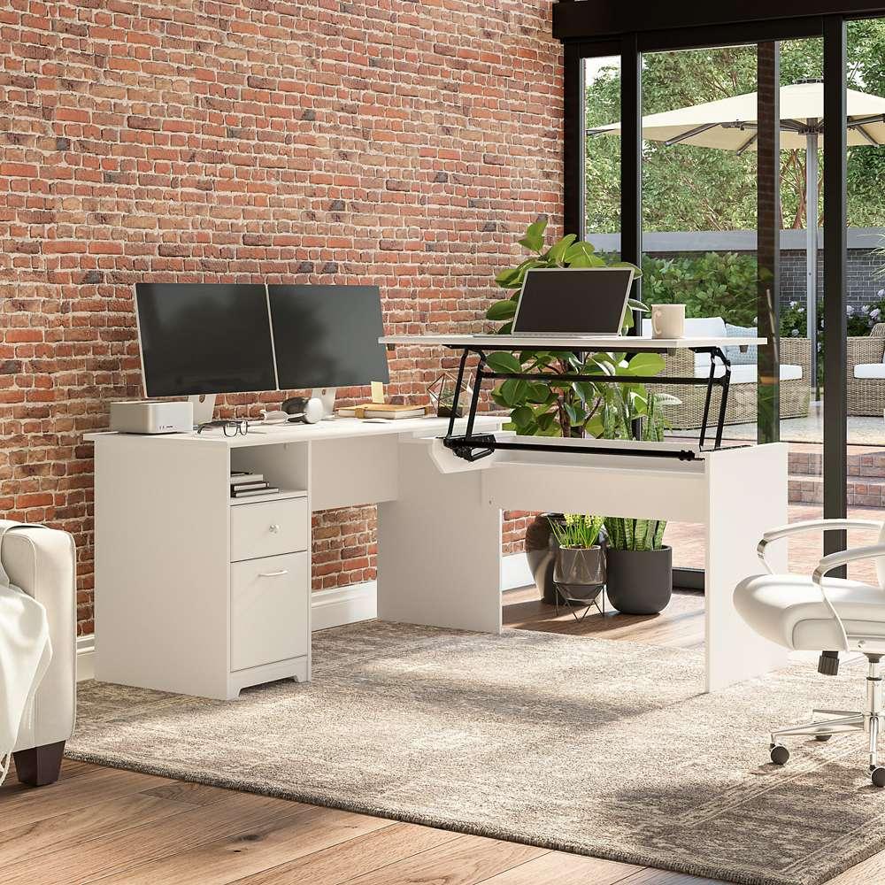 Bush Furniture - Cabot 60W Single Pedestal Desk w Sit to Stand Return in White - CAB043WHN veiw 2