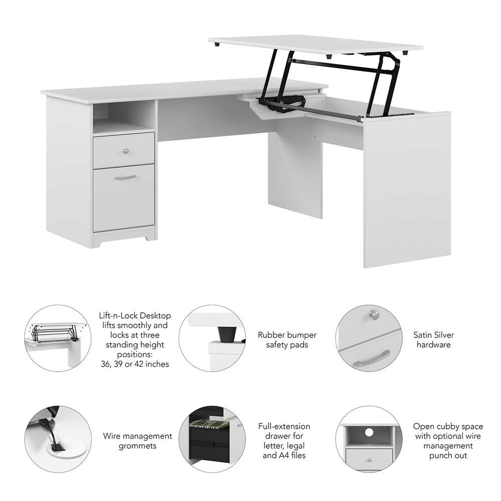 Bush Furniture - Cabot 60W Single Pedestal Desk w Sit to Stand Return in White - CAB043WHN veiw 3